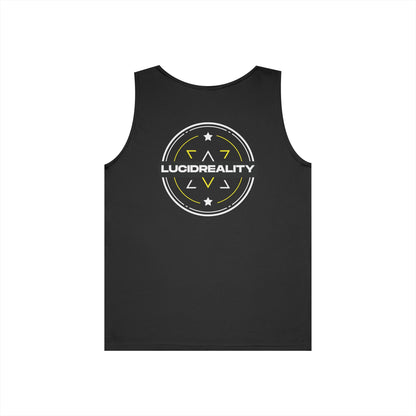 Black Lucid Reality Emblem tank, front Lucid Reality logo, flat lay