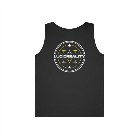 Black Lucid Reality Emblem tank, front Lucid Reality logo, flat lay