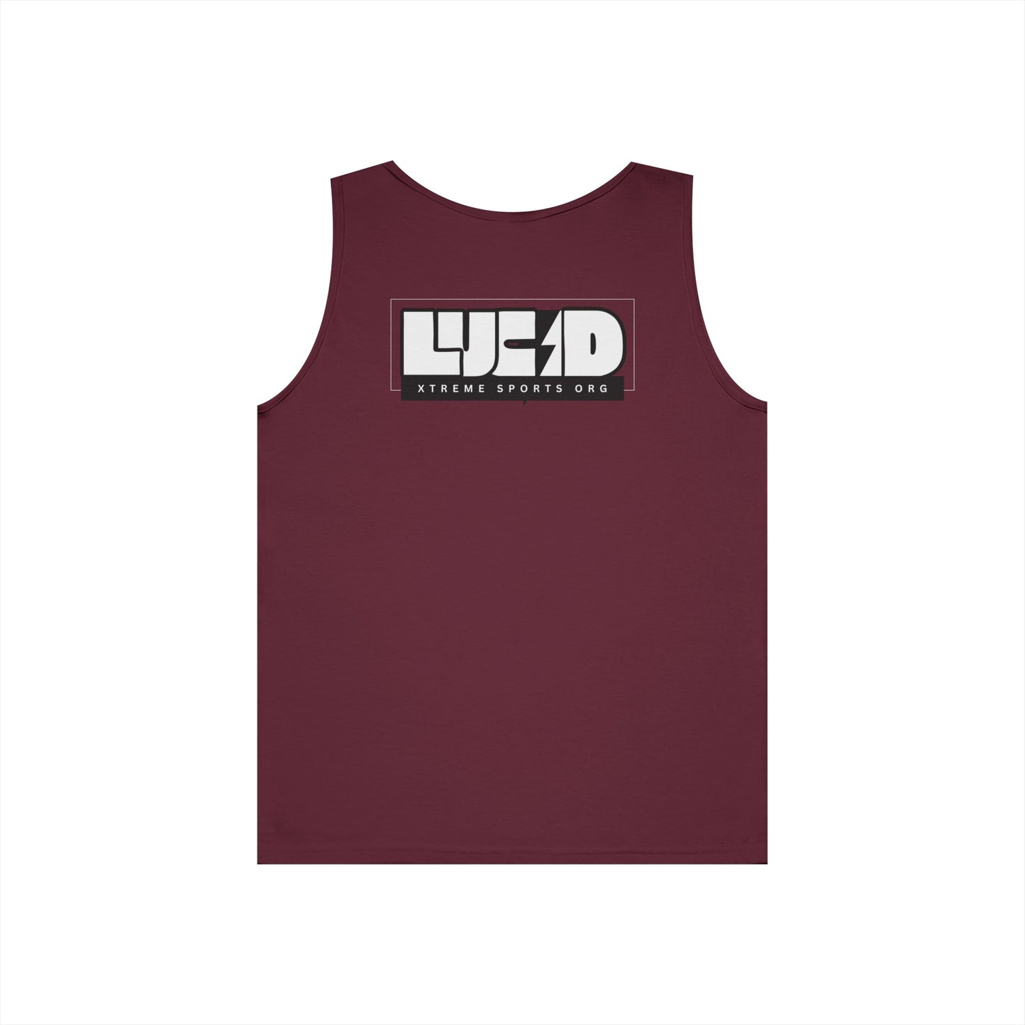 Maroon Lucid Block Logo tank, block LUCID logo with lightning bolt back graphic, flat lay