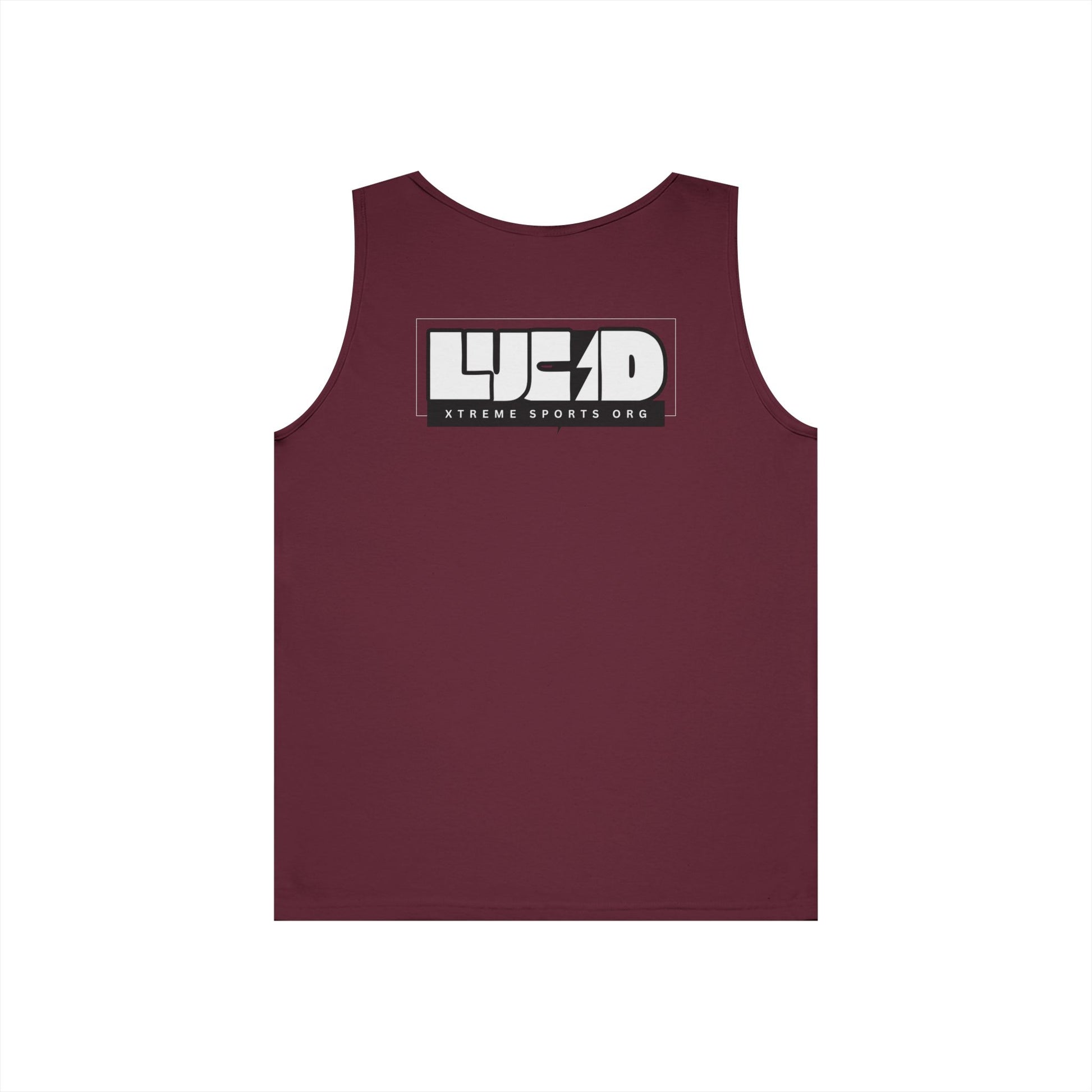 Maroon Lucid Block Logo tank, block LUCID logo with lightning bolt back graphic, flat lay