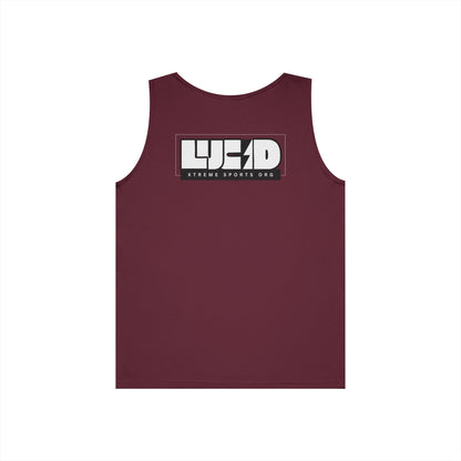 Maroon Lucid Block Logo tank, block LUCID logo with lightning bolt back graphic, flat lay
