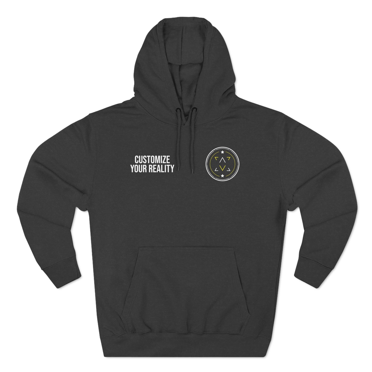 Charcoal heather custom Lucid Reality hoodie, front emblem with personalization zone, flat