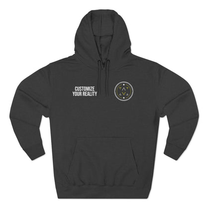 Charcoal heather custom Lucid Reality hoodie, front emblem with personalization zone, flat
