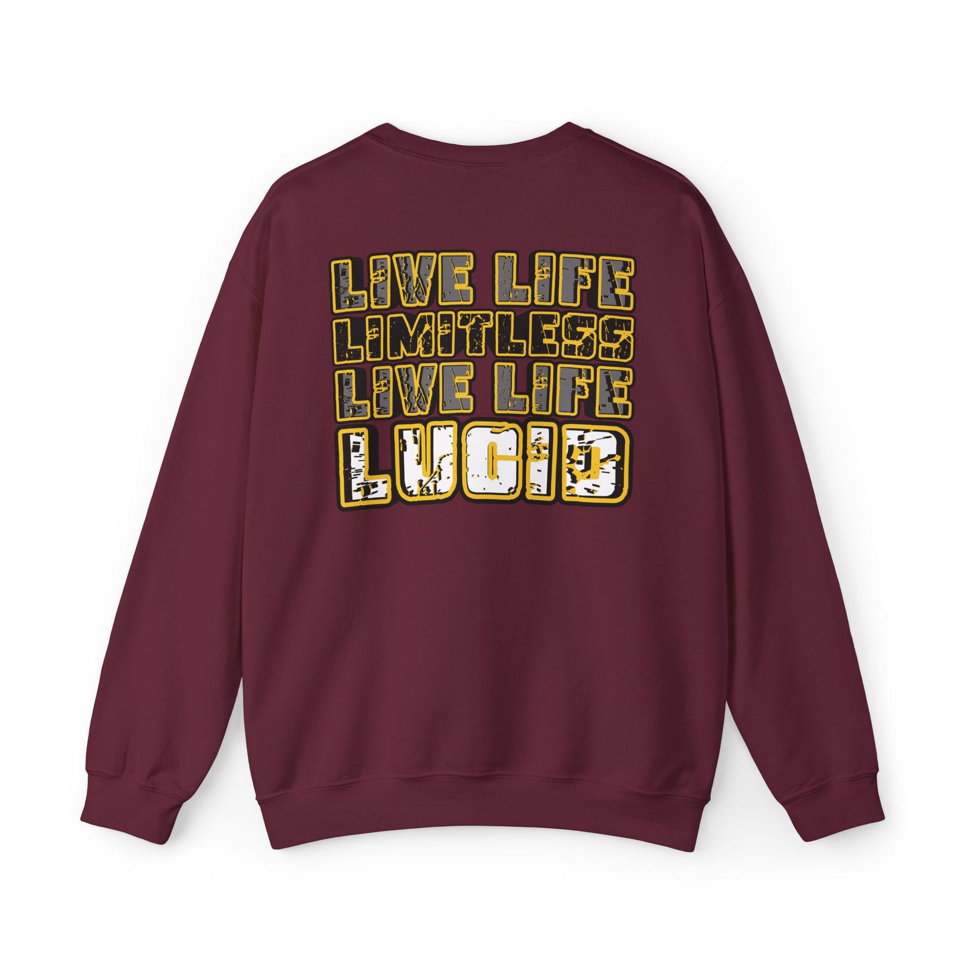 Maroon Live Life Limitless crewneck, back graphic, flat