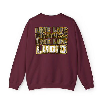 Maroon Live Life Limitless crewneck, back graphic, flat