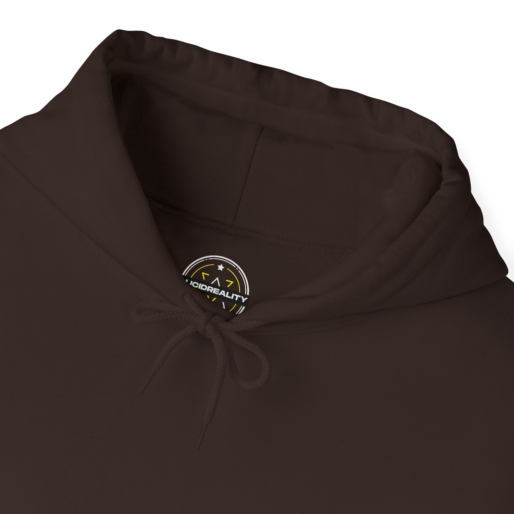 Lifestyle photo of the Lucid Reality Minimalist Embroidered Logo Hoodie – White & Gold