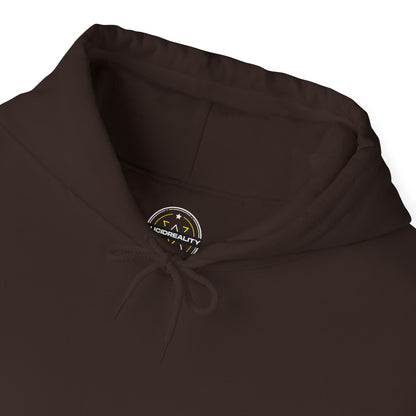 Lifestyle photo of the Lucid Reality Minimalist Embroidered Logo Hoodie – White & Gold