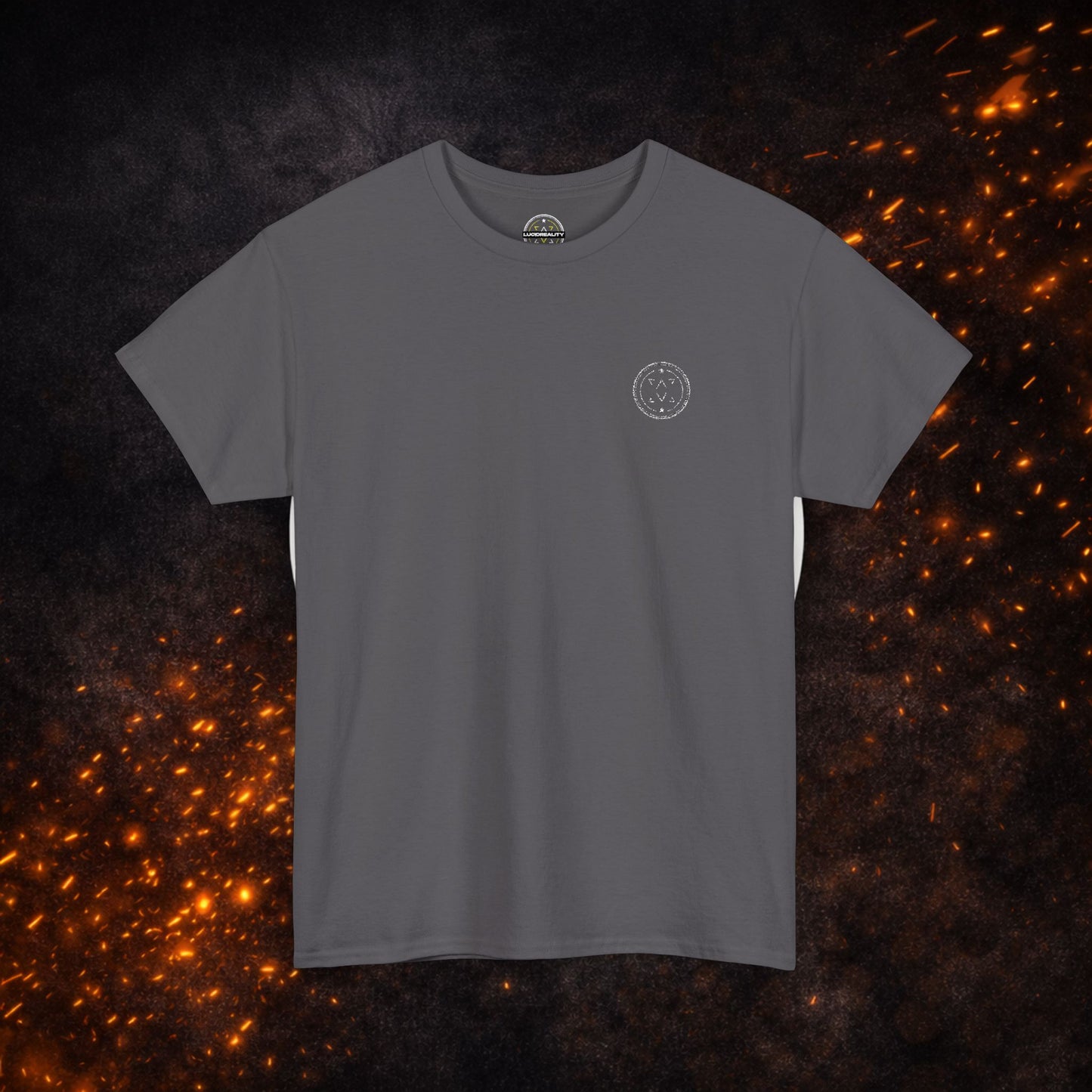 Charcoal Lucid Reality Minimalist Embroidered Logo Tee with small white embroidered logo on the front left chest, short sleeves, and crew neckline.