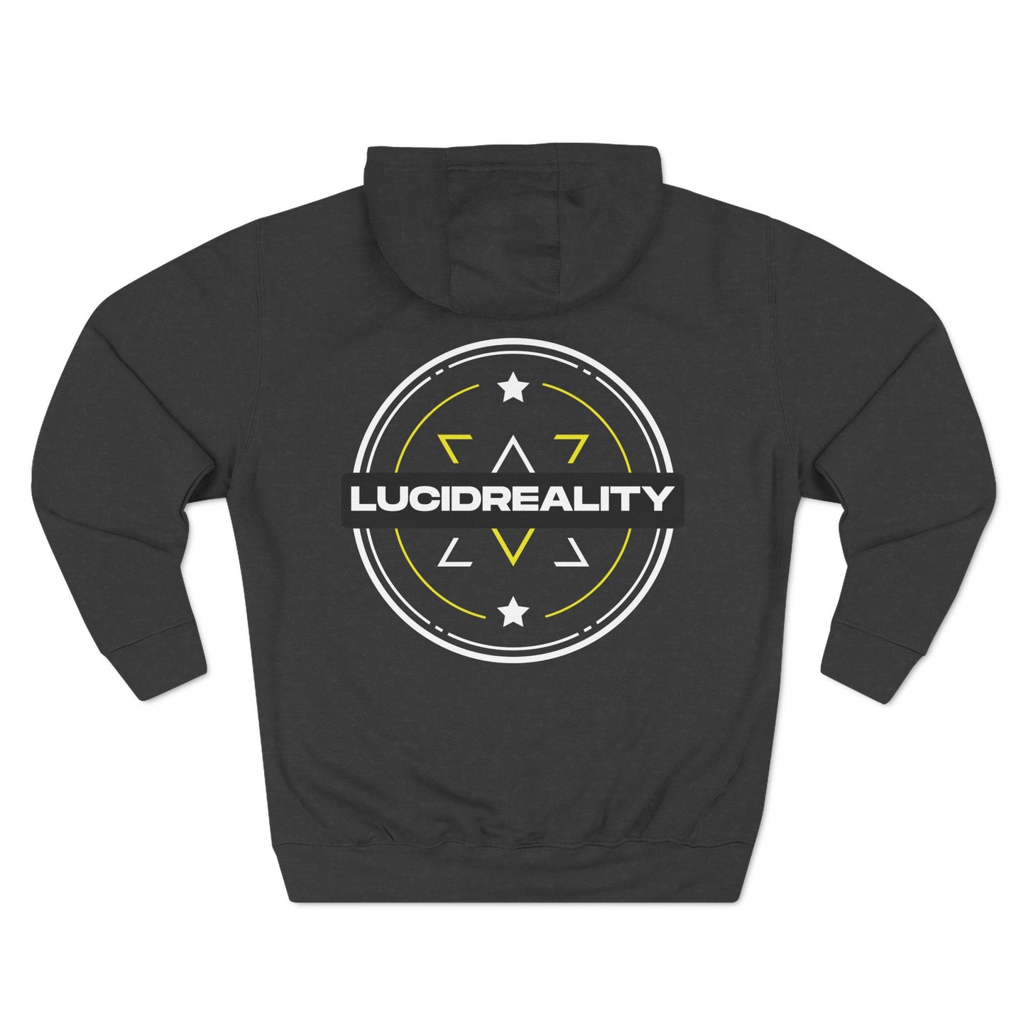 Charcoal heather Lucid Reality hoodie, circular emblem back graphic, flat
