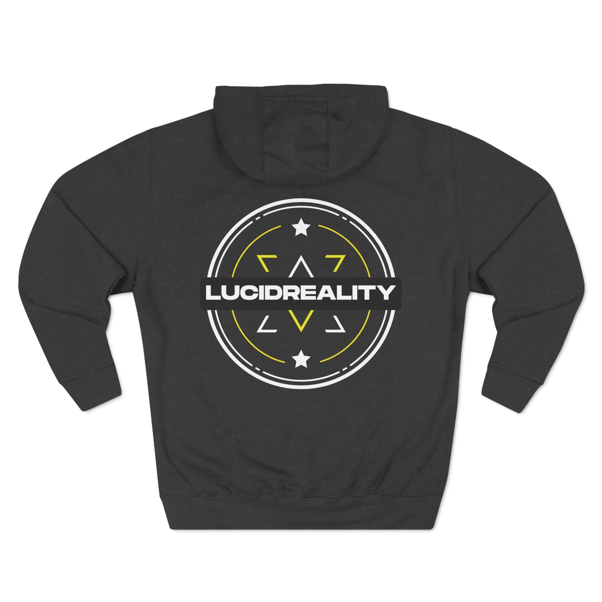 Charcoal heather Lucid Reality hoodie, circular emblem back graphic, flat