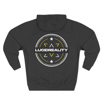 Charcoal heather Lucid Reality hoodie, circular emblem back graphic, flat