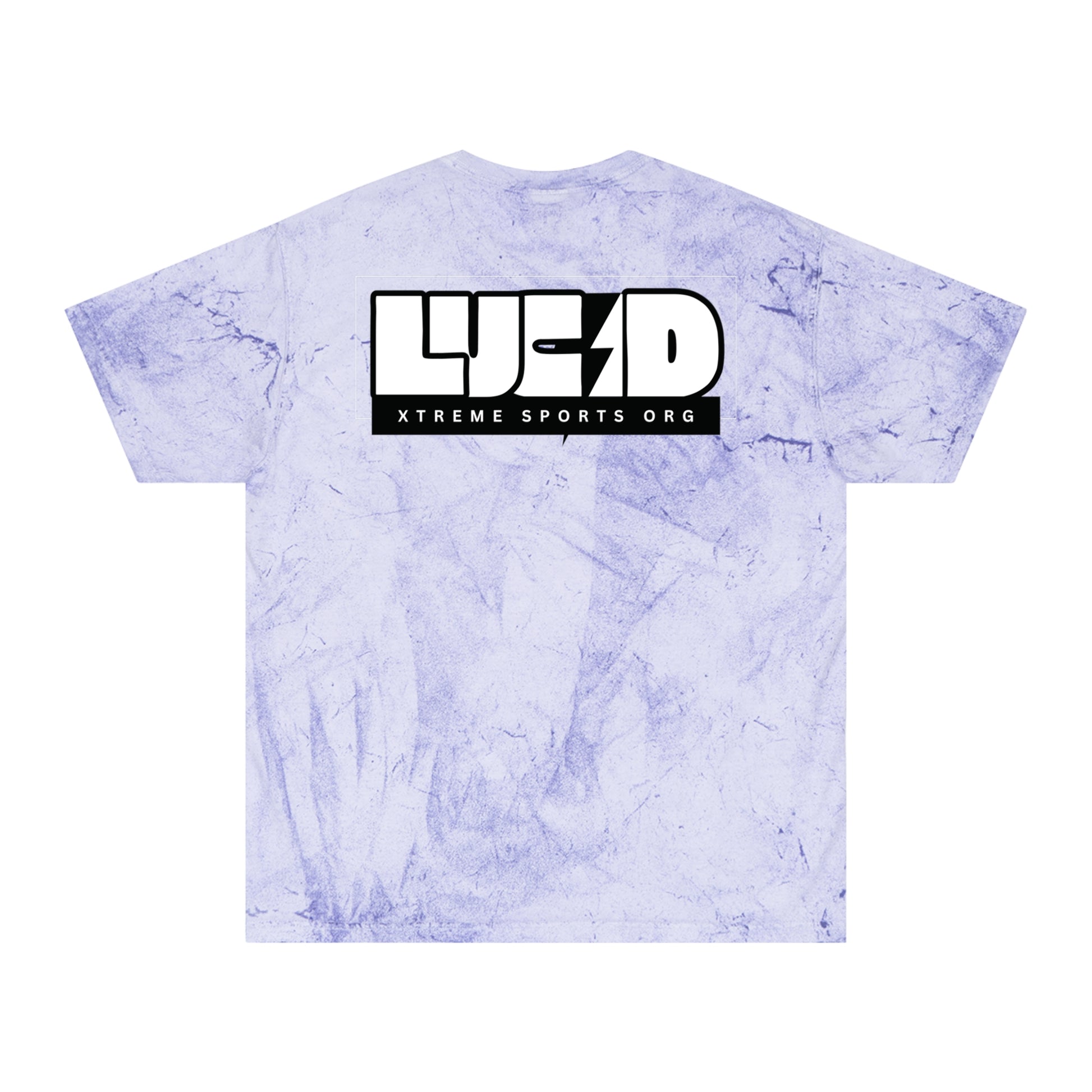 Amethyst Color Blast tee, marbled purple, block LUCID logo back graphic, flat