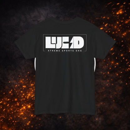 Back view of the black Lightning Bolt Tee with white "LUCID" graphic design.
