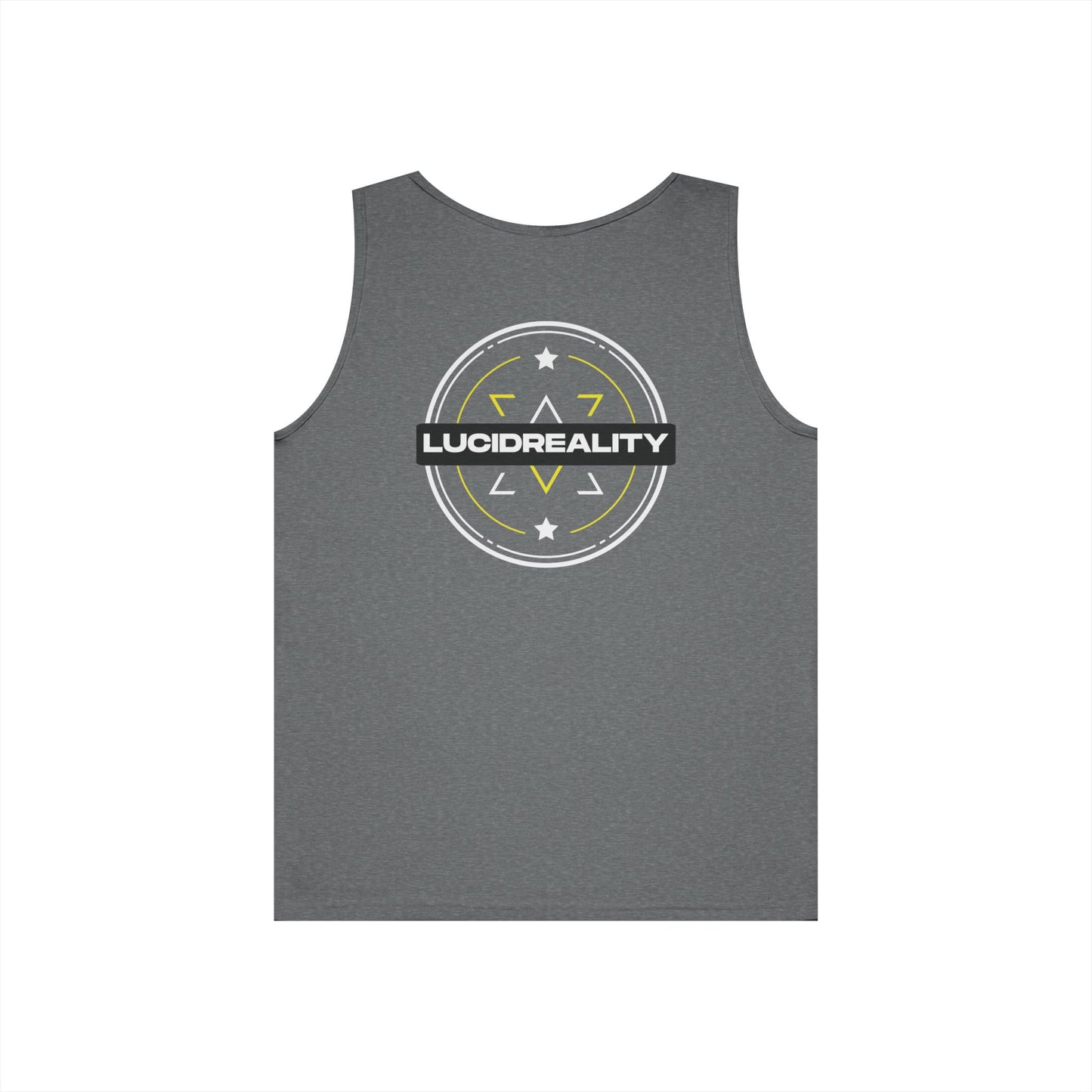 Graphite Heather Lucid Reality Emblem tank, full circular Lucid Reality emblem back graphic, flat lay