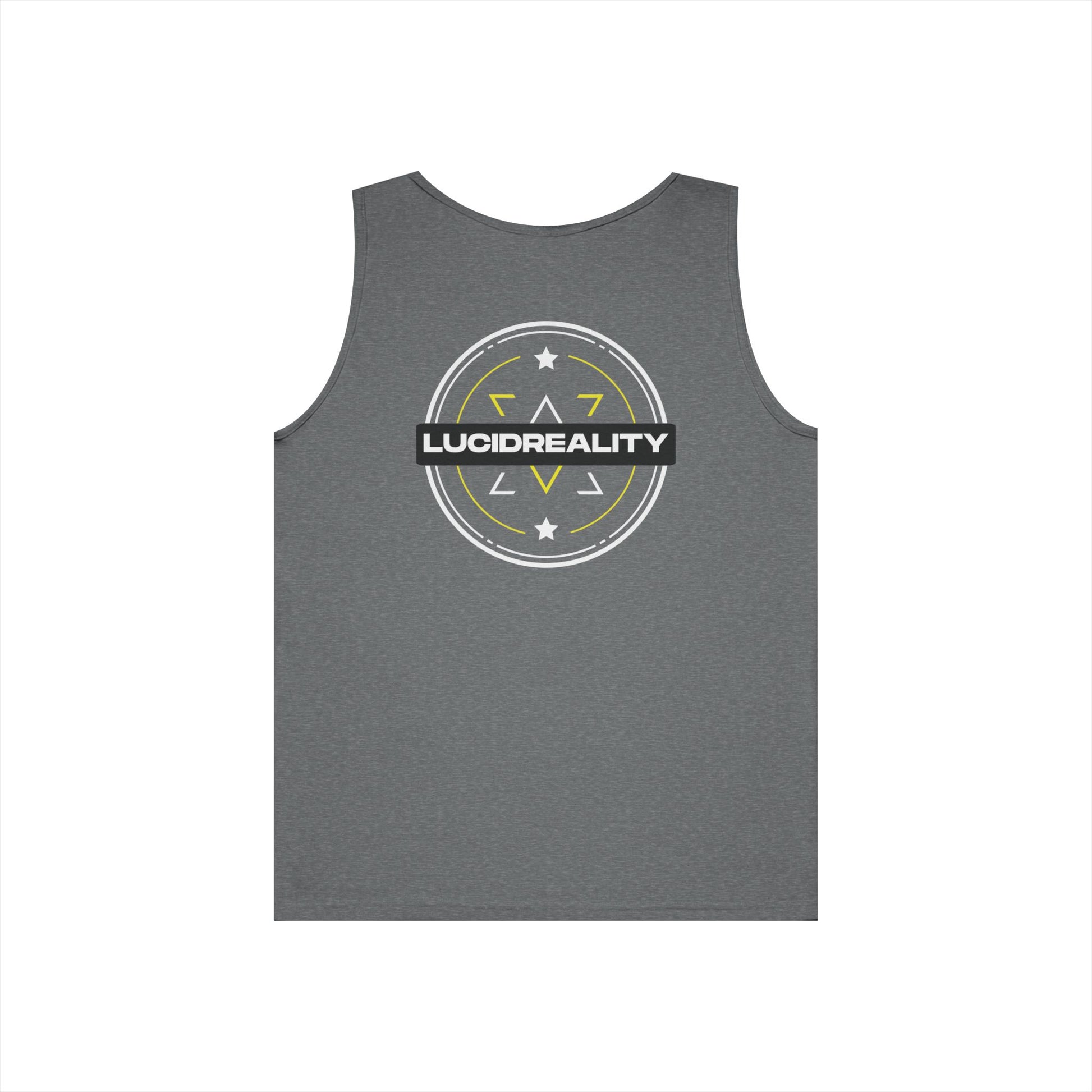 Graphite Heather Lucid Reality Emblem tank, full circular Lucid Reality emblem back graphic, flat lay