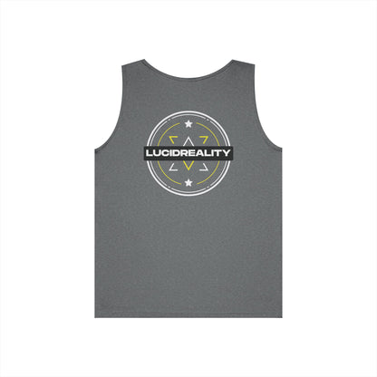 Graphite Heather Lucid Reality Emblem tank, full circular Lucid Reality emblem back graphic, flat lay