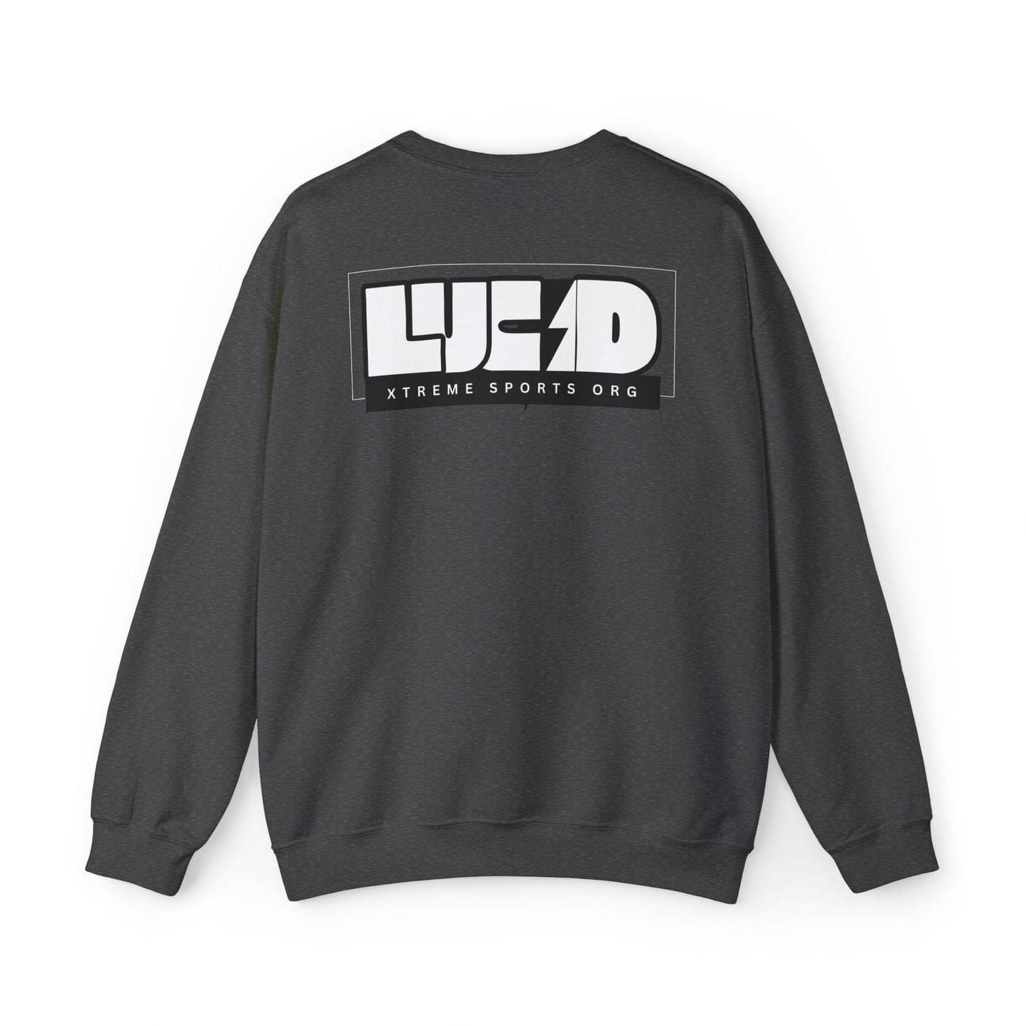 Dark heather grey Lucid Reality crewneck, block LUCID logo back graphic, flat