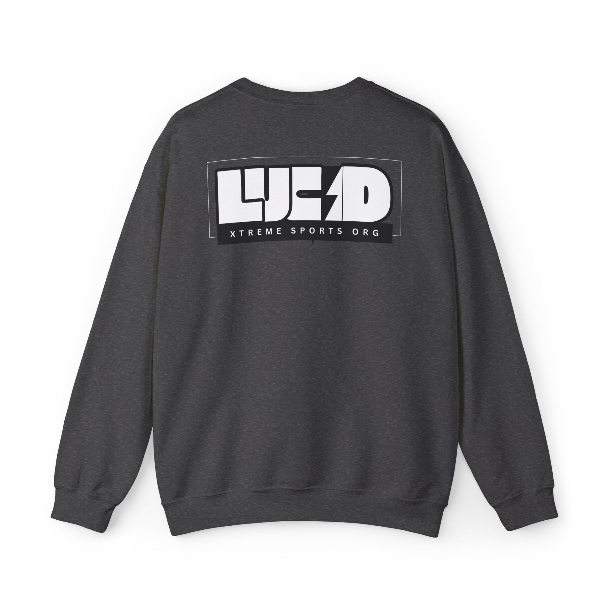 Dark heather grey Lucid Reality crewneck, block LUCID logo back graphic, flat