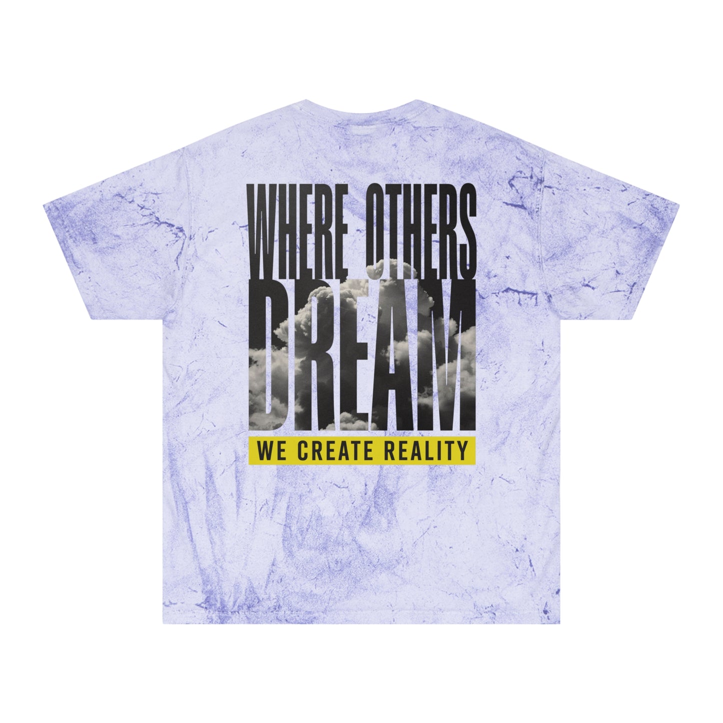 Fern Color Blast tee, marbled green, back Where Others Dream We Create Reality graphic, flat