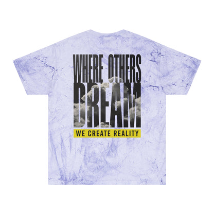 Fern Color Blast tee, marbled green, back Where Others Dream We Create Reality graphic, flat