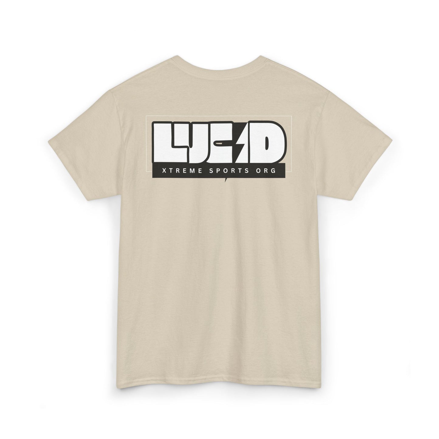 Sand Lucid Reality tee, block LUCID logo back graphic, flat