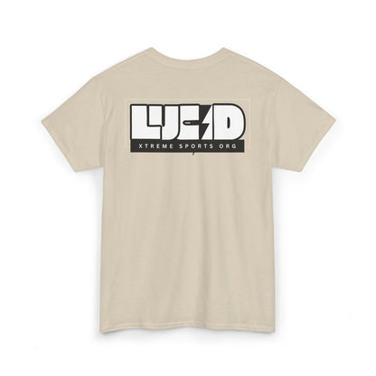 Sand Lucid Reality tee, block LUCID logo back graphic, flat