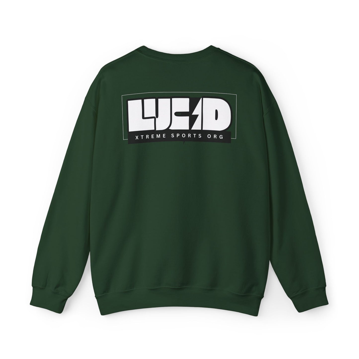 Back view of the forest green Lightning Bolt Crewneck Sweatshirt featuring the white LUCID design with lightning bolt detail.