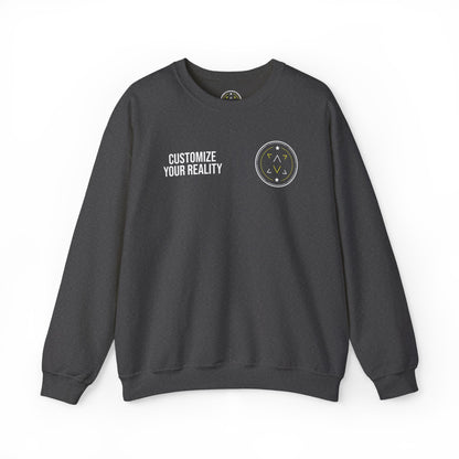 Dark heather grey custom Lucid Reality crewneck, front view, flat