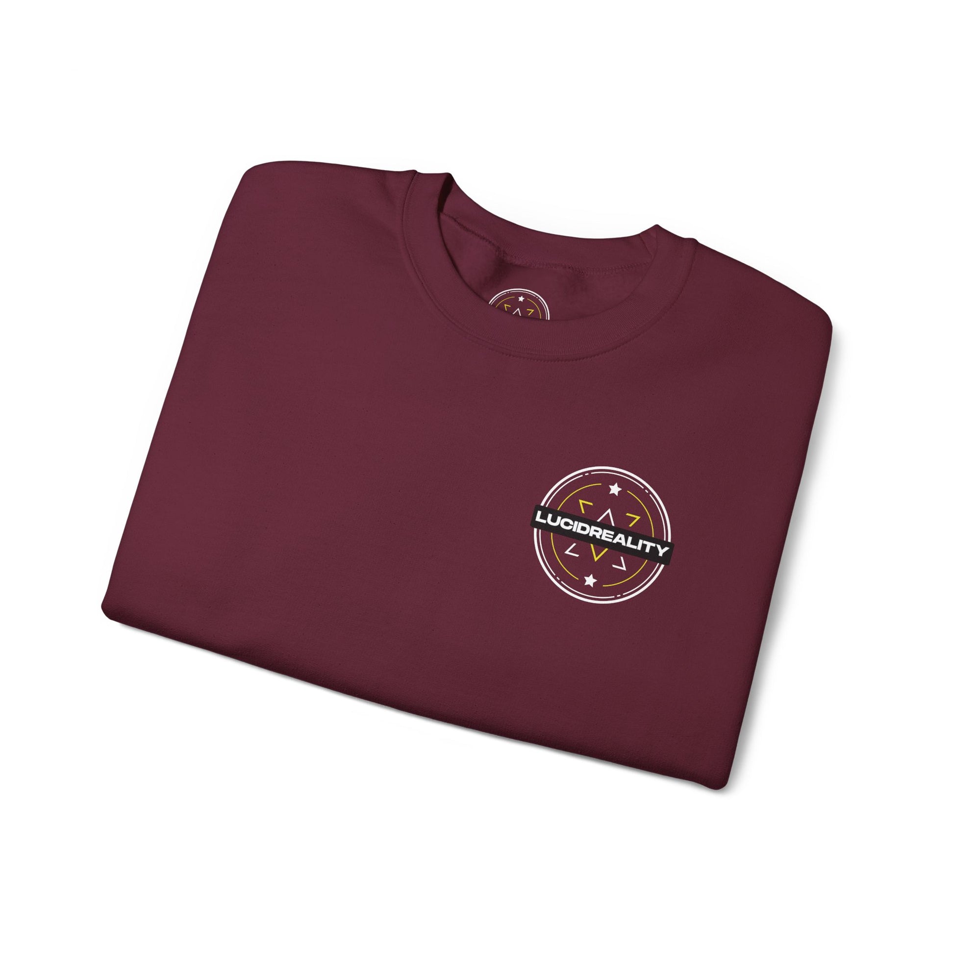 Maroon Logo Crewneck, folded with Lucid Reality logo, flat lay
