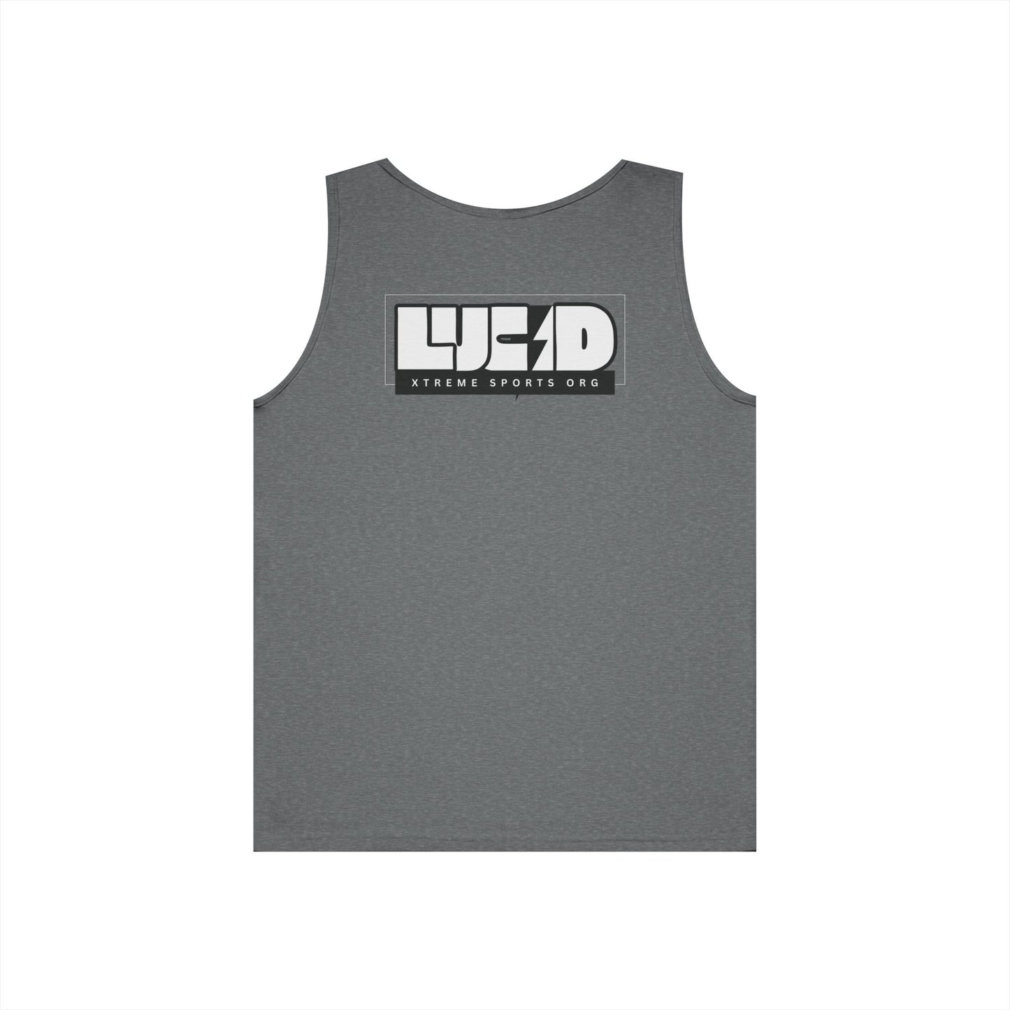Graphite Heather Lucid Block Logo tank, block LUCID logo with lightning bolt back graphic, flat lay