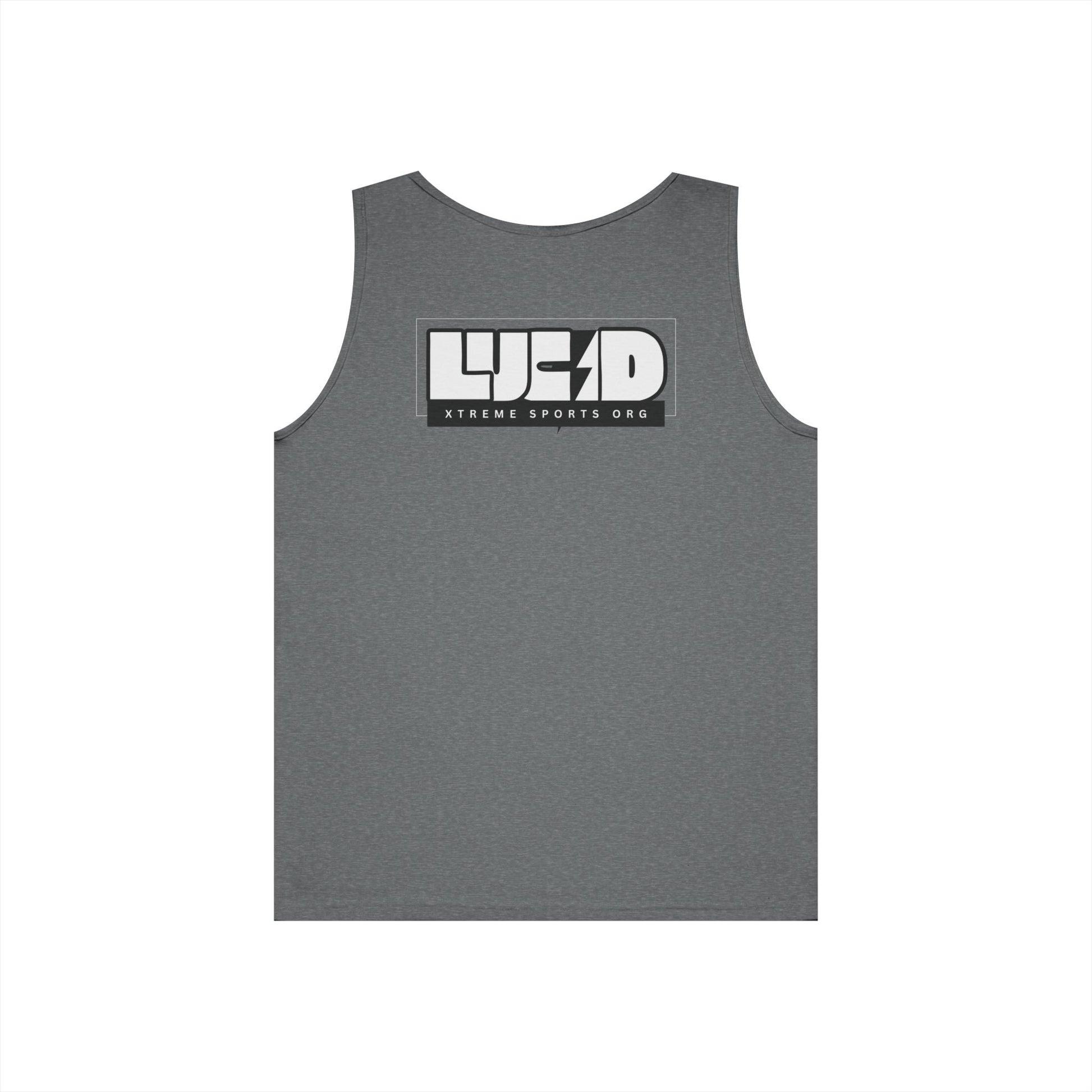Graphite Heather Lucid Block Logo tank, block LUCID logo with lightning bolt back graphic, flat lay