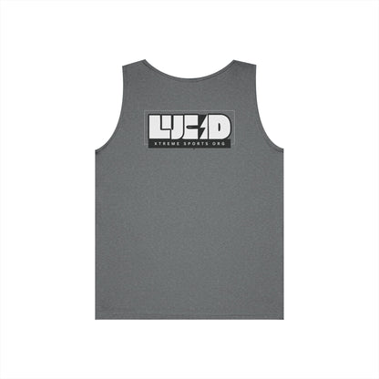 Graphite Heather Lucid Block Logo tank, block LUCID logo with lightning bolt back graphic, flat lay