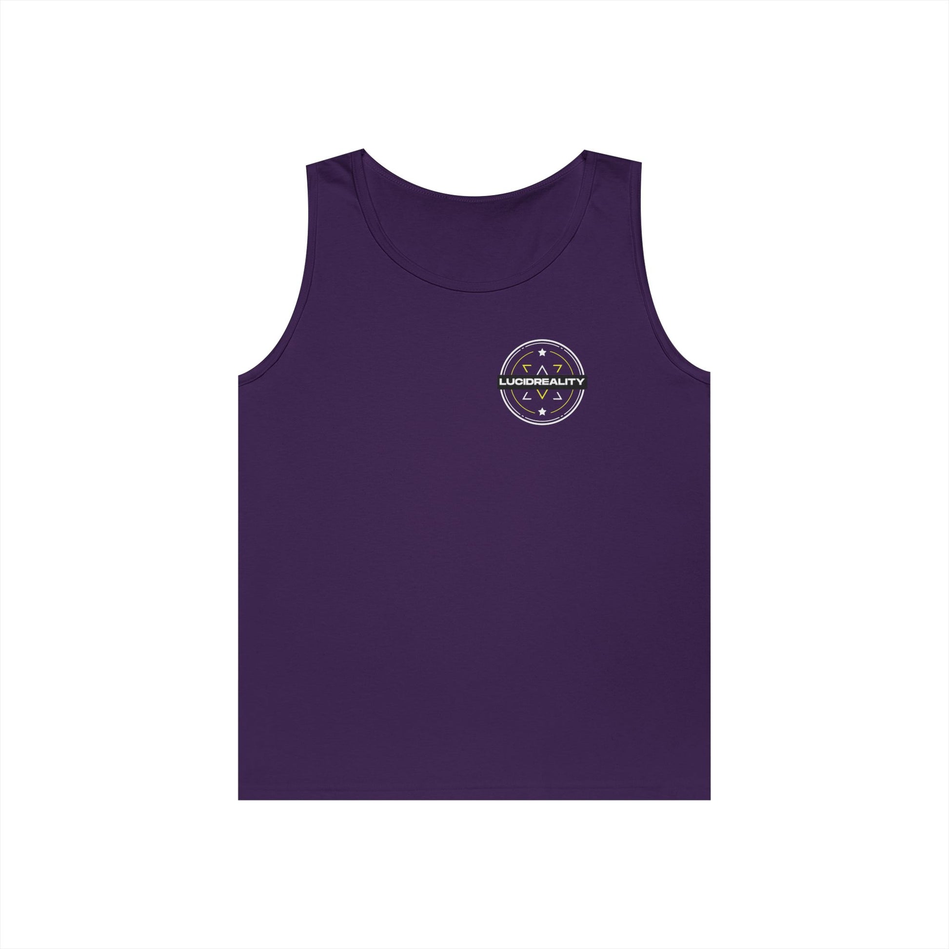 Purple Live Life Limitless tank, front Lucid Reality logo, flat lay