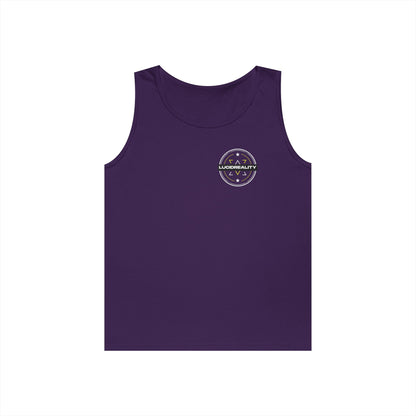 Purple Live Life Limitless tank, front Lucid Reality logo, flat lay