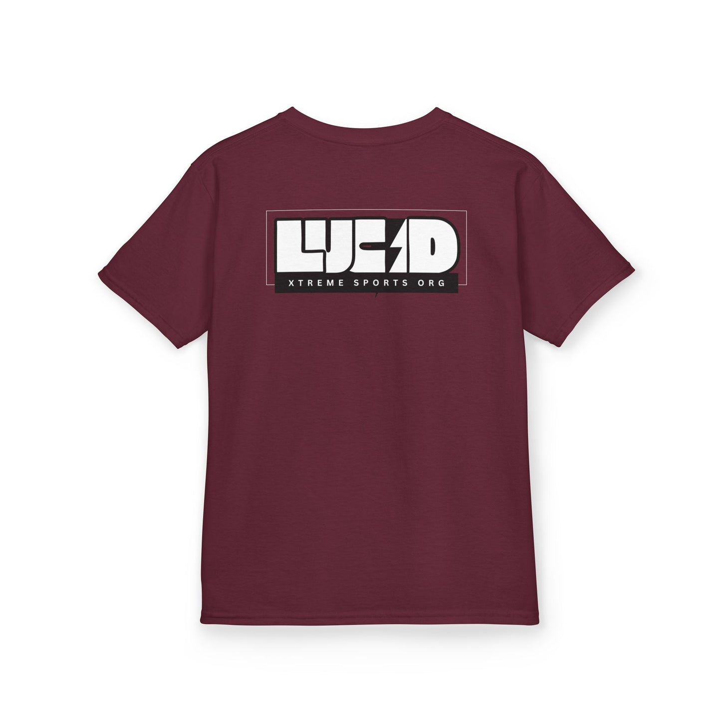 Maroon Lightning Bolt Kids Tee, back LUCID lightning bolt design, flat lay
