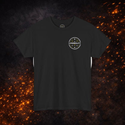 
Front view of the black Lucid Reality Tee featuring the small circular chest logo.