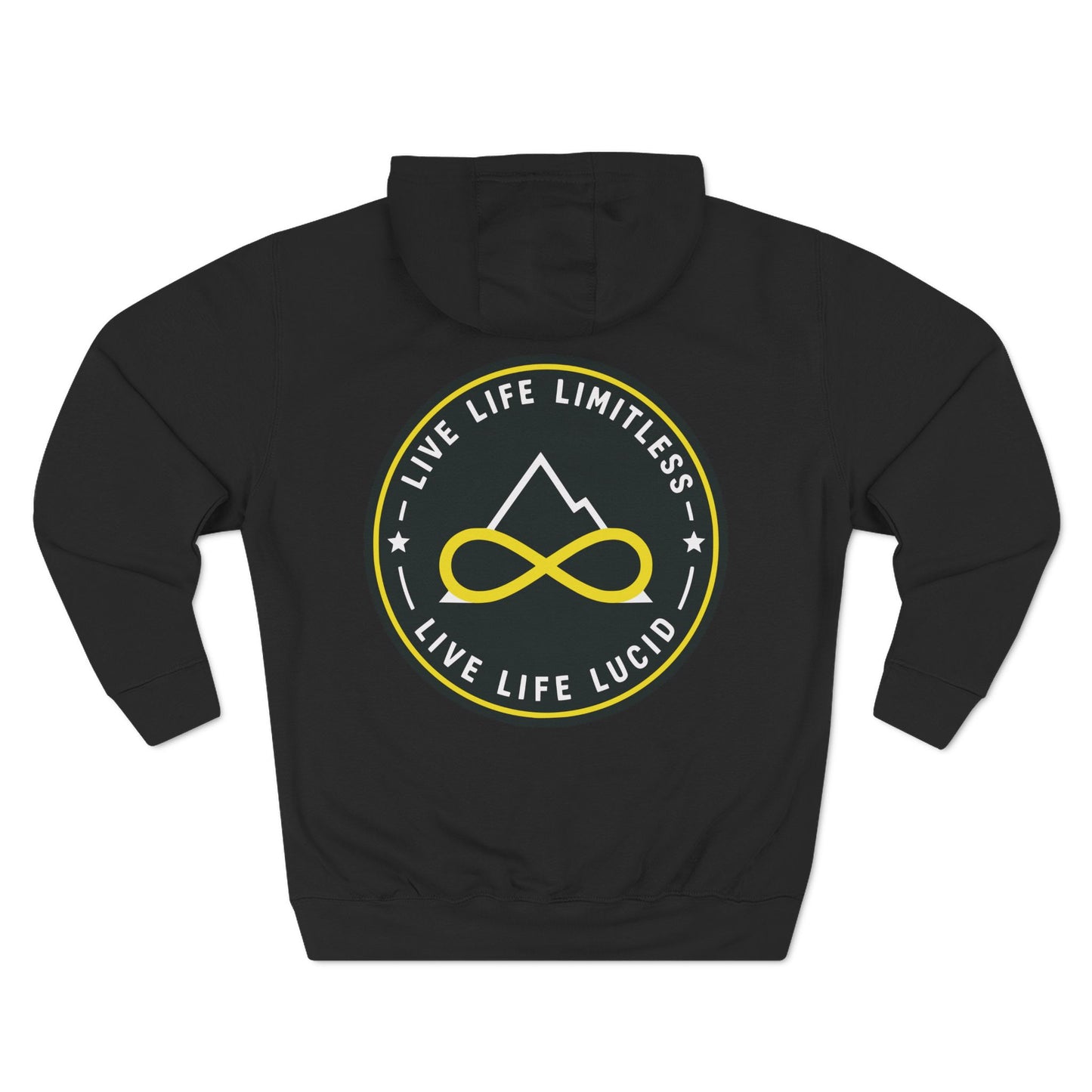 Back of the black Live Life Limitless Fleece Pullover Hoodie with the gold mountain-and-infinity badge.