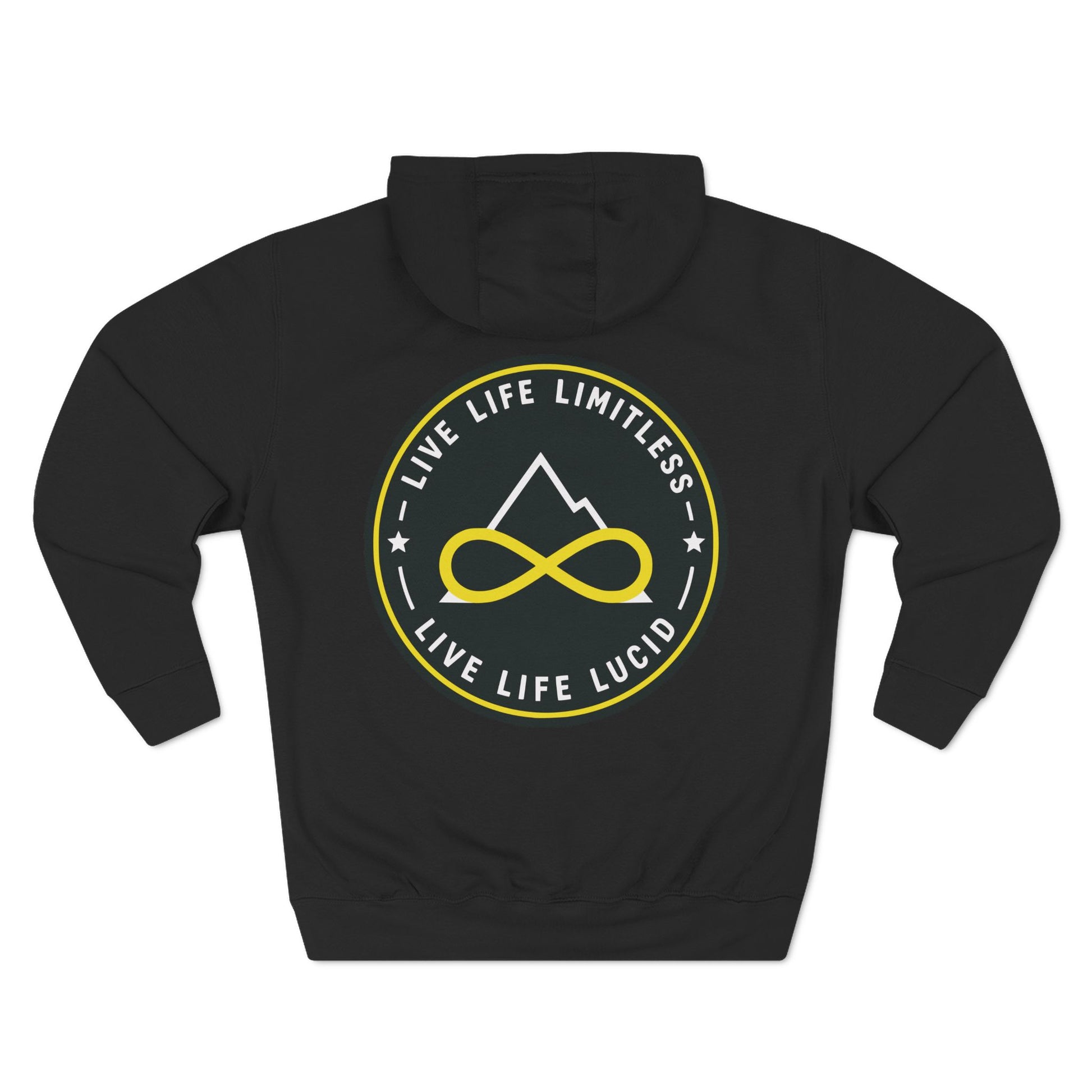 Back of the black Live Life Limitless Fleece Pullover Hoodie with the gold mountain-and-infinity badge.