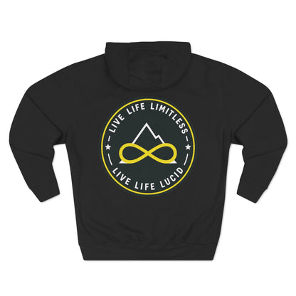 Back of the black Live Life Limitless Fleece Pullover Hoodie with the gold mountain-and-infinity badge.