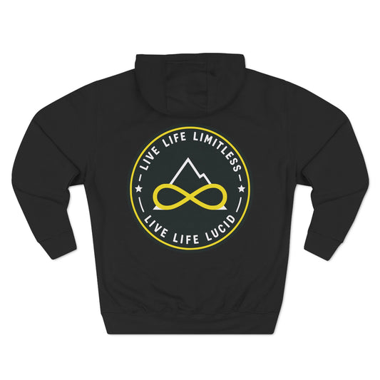 Back of the black Live Life Limitless Fleece Pullover Hoodie with the gold mountain-and-infinity badge.