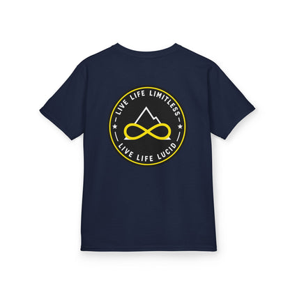 Navy Live Life Limitless Badge Kids Tee, back badge graphic, flat lay