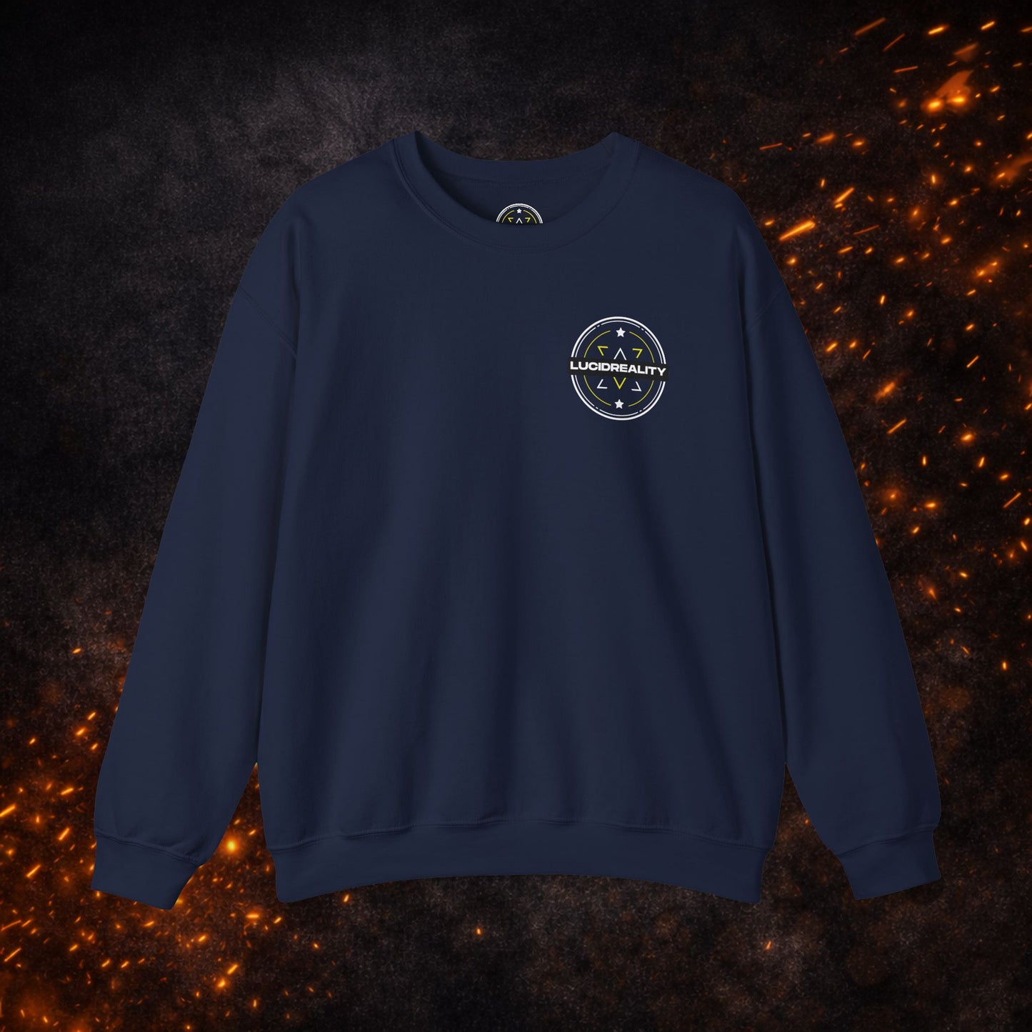 Front view of the navy blue Lucid Reality Crewneck Sweatshirt with small circular chest logo.