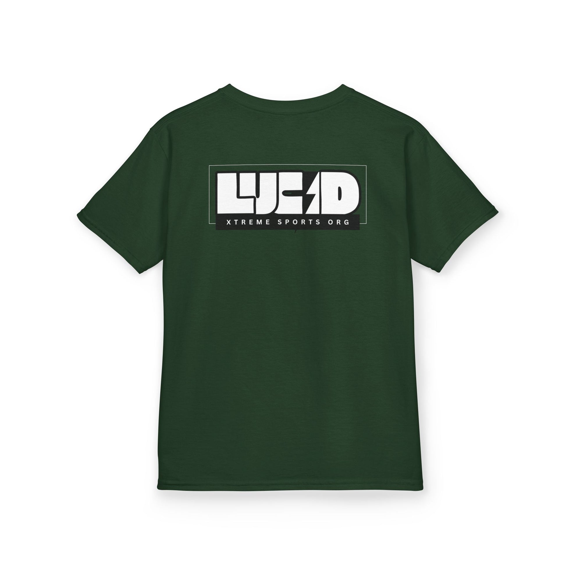 Forest Green Lightning Bolt Kids Tee, back LUCID lightning bolt design, flat lay