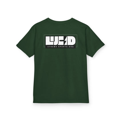 Forest Green Lightning Bolt Kids Tee, back LUCID lightning bolt design, flat lay