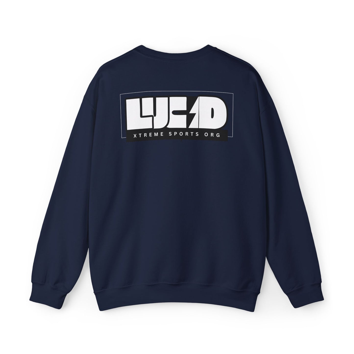 Navy Lucid Reality crewneck, block LUCID logo back graphic, flat