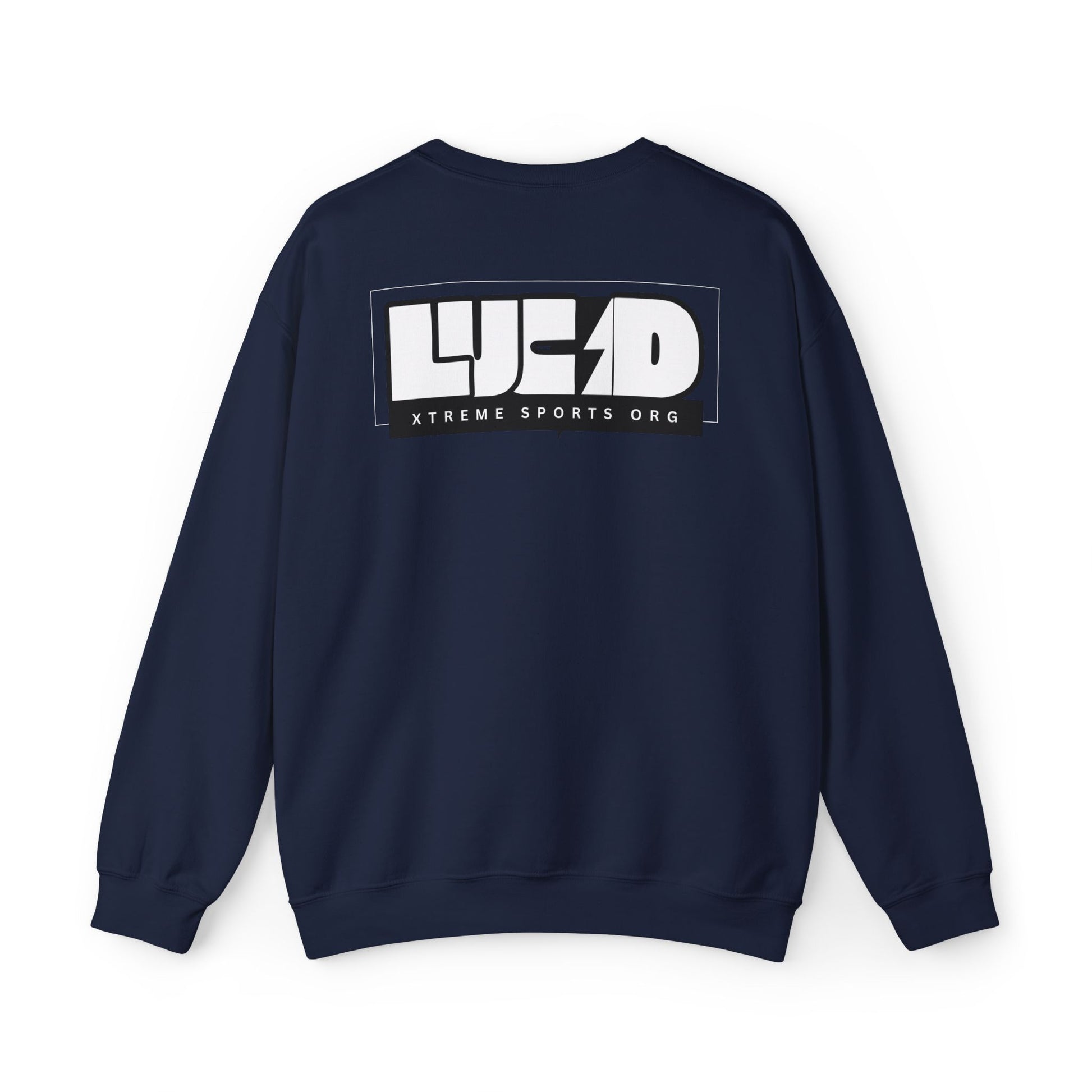 Navy Lucid Reality crewneck, block LUCID logo back graphic, flat