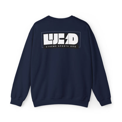 Navy Lucid Reality crewneck, block LUCID logo back graphic, flat