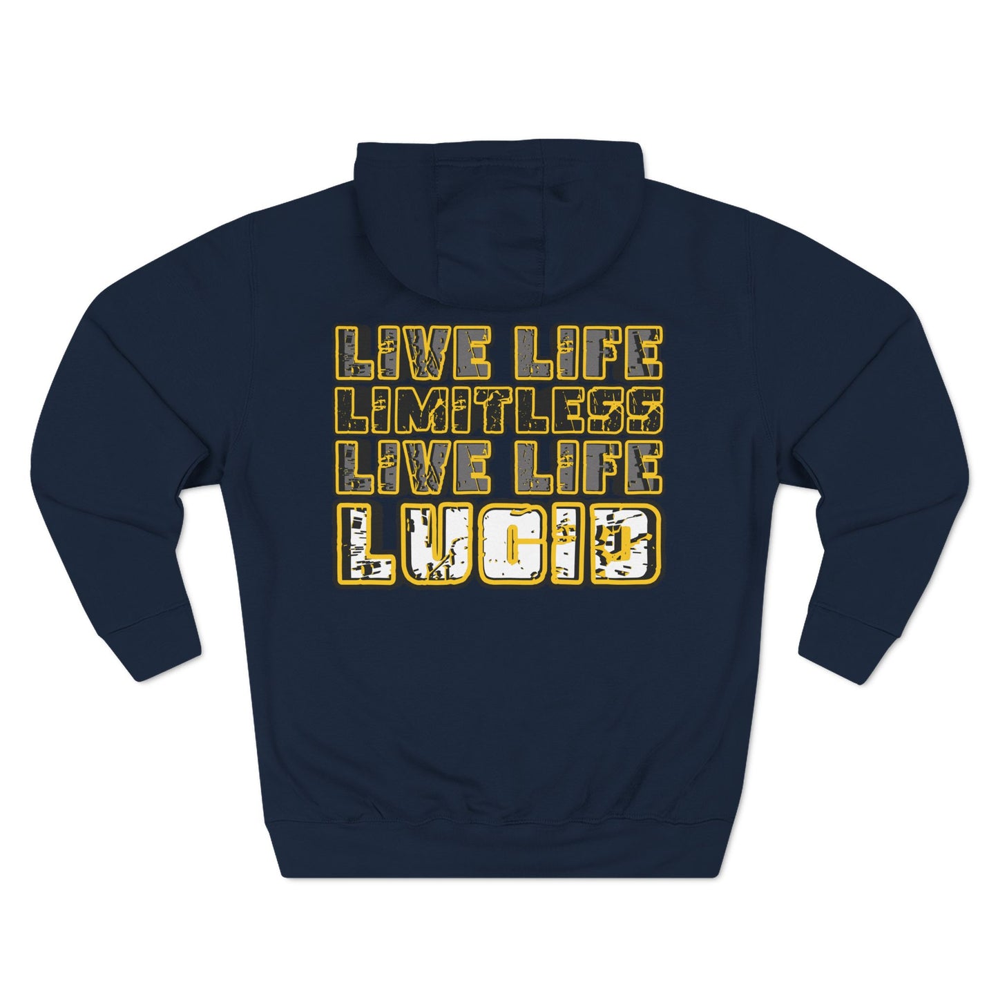 Navy Live Life Limitless hoodie, back graphic, flat