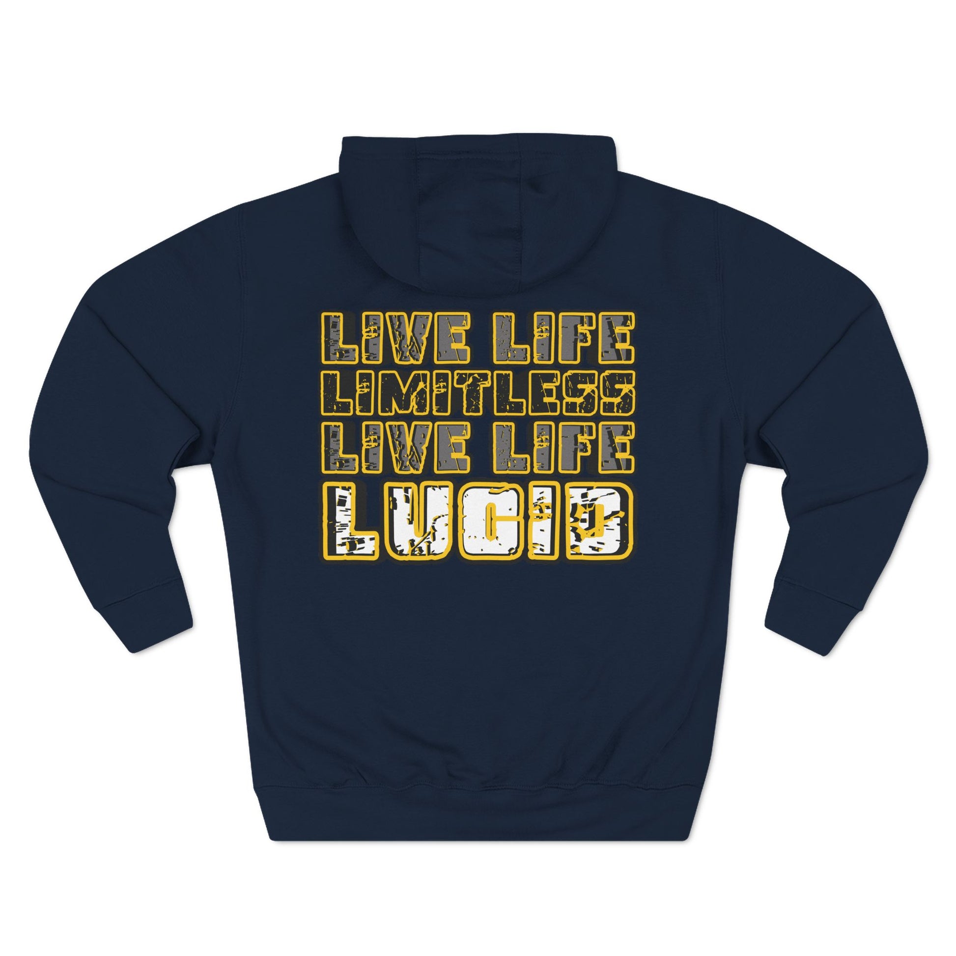 Navy Live Life Limitless hoodie, back graphic, flat