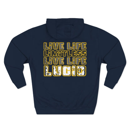 Navy Live Life Limitless hoodie, back graphic, flat